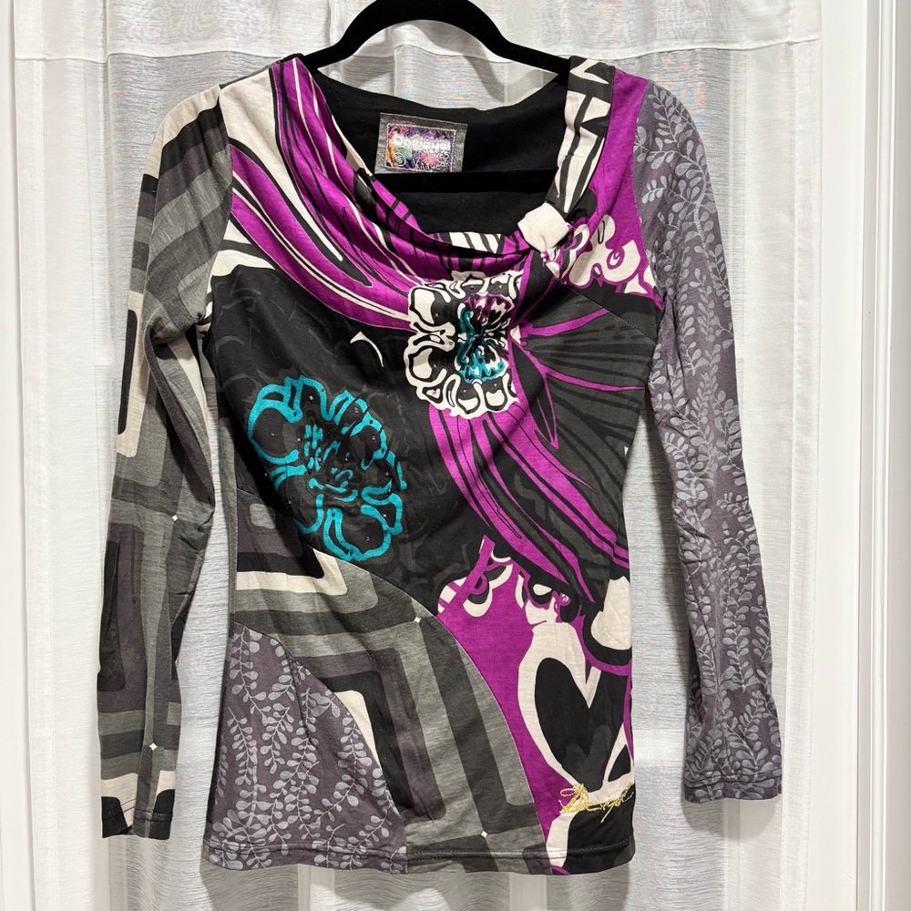 Desigual Long Sleeve Shirt Blouse Beaded Floral Abstract Purple Teal Black Small